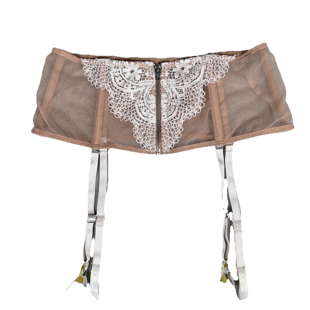 Victoria Secret Womens XS beige mesh & ivory lace zip front garter belt